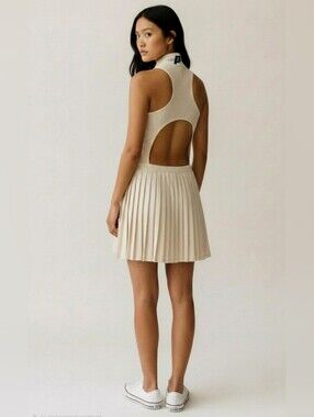 PRINCE Pickleball Sleeveless Cream Pleated Back-Cutout Dress